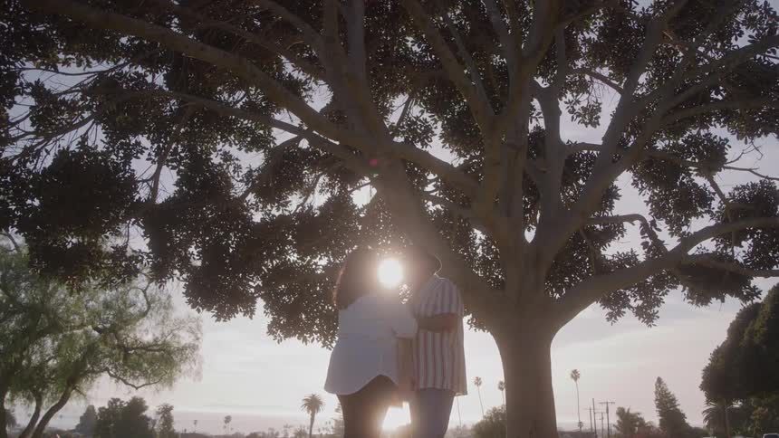 The couple are holding hands by the tree