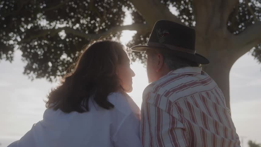 Couple kisses while sitting under the shade of a tree
