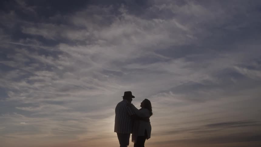 Couple in silhouette faces each other at sunset on the beach