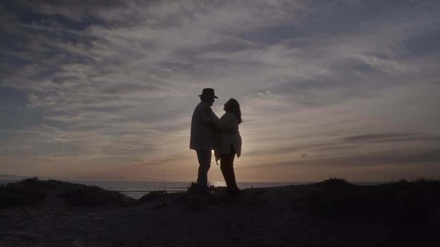 Couple faces each other in silhouette by the sea at sunset