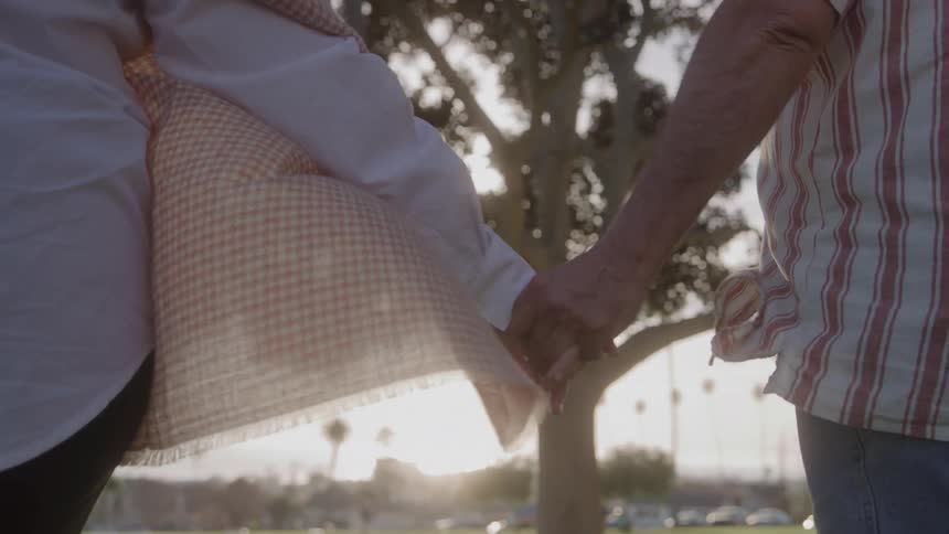 A couple walk and hold hands in a park setting on a sunny day