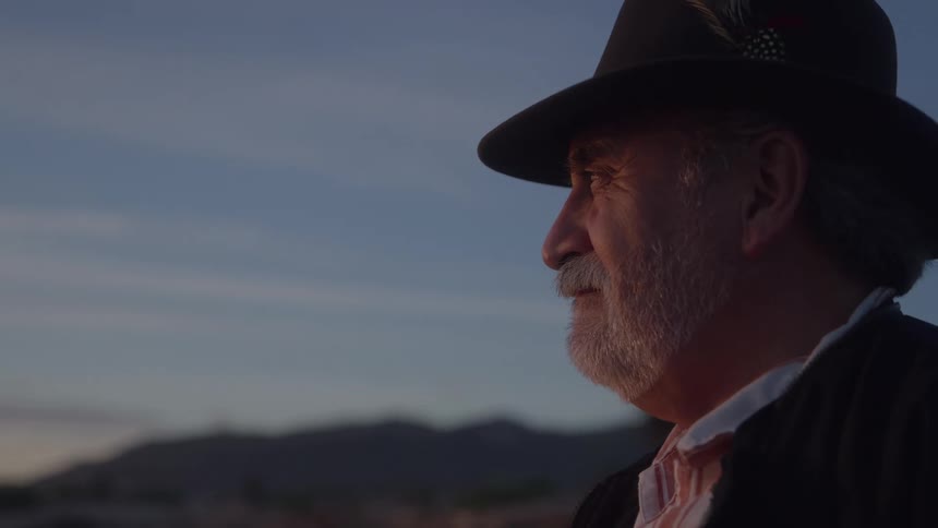 Man in a hat looks at the landscape at dusk