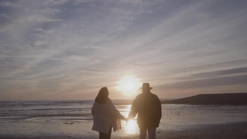 Silhouette of a couple holding hands walking on the beach at sunset