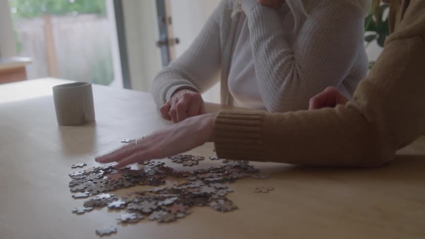 Two women are doing a jigsaw puzzle together