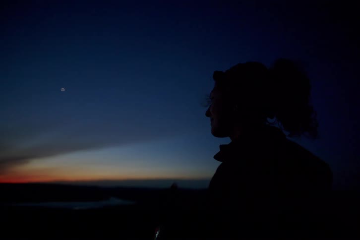 A woman with a ponytail looks up into the deepening twilight as she brushes her hair with her hand