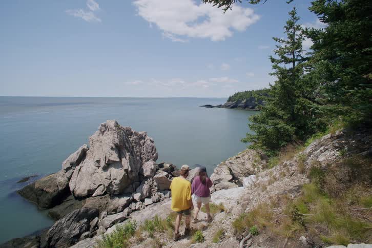 Two people walk along a rocky path next to the water and trees on a coastal landscape