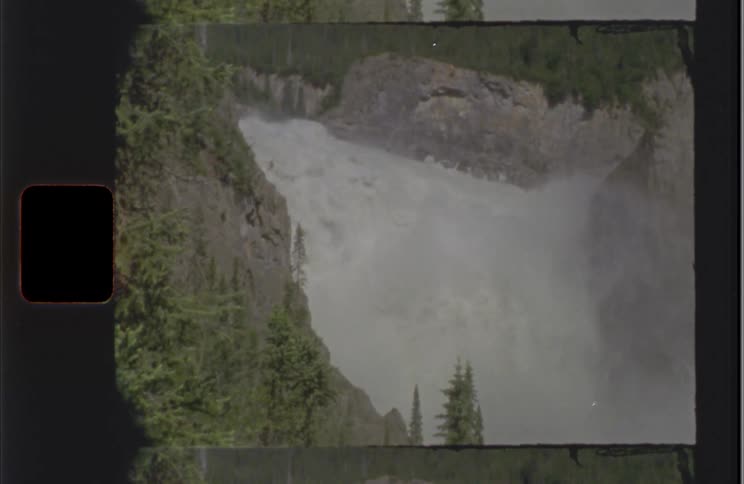 Water foams while flowing down a waterfall on a forested mountain