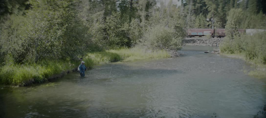 A train passes by the creek where a man is fishing