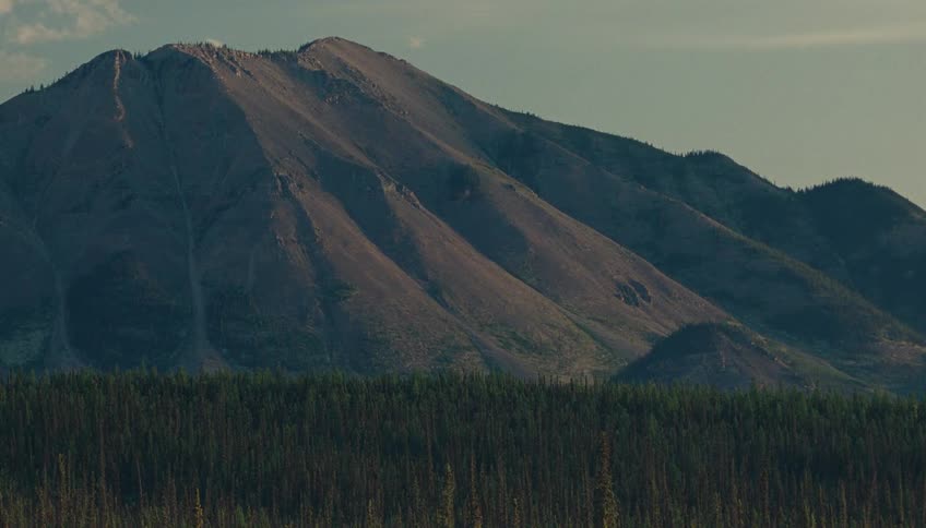 Steepsloped mountain rises behind coniferous forest under a partly clear sky