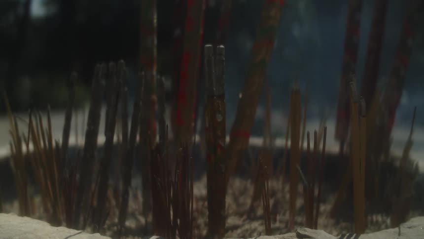 A close view of numerous brown and red incense sticks standing upright in a bed of white sand with a faint plume of smoke rising in the air