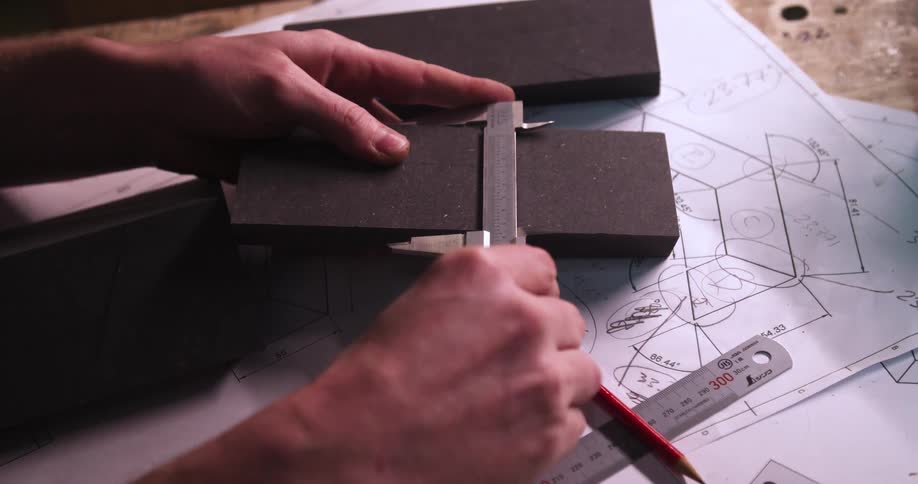 A persons hands use a caliper to measure an object on a table