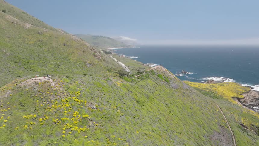Winding trail reveals the vibrant contrast between the hills greenery and the deep blue ocean