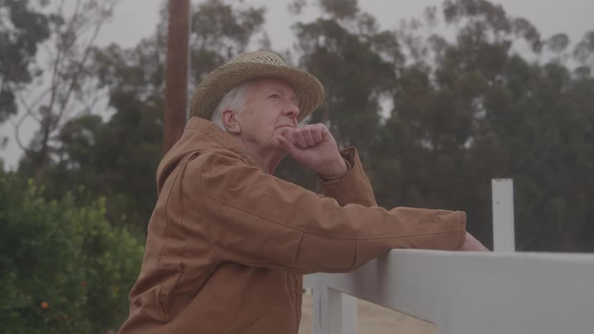 Elderly man wearing a straw hat leaning on a fence thoughtfully observing the landscape