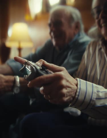 Two older people sit sidebyside holding video game controllers and laughing