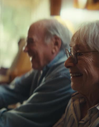 Elderly couple smiling while playing in a cozy setting
