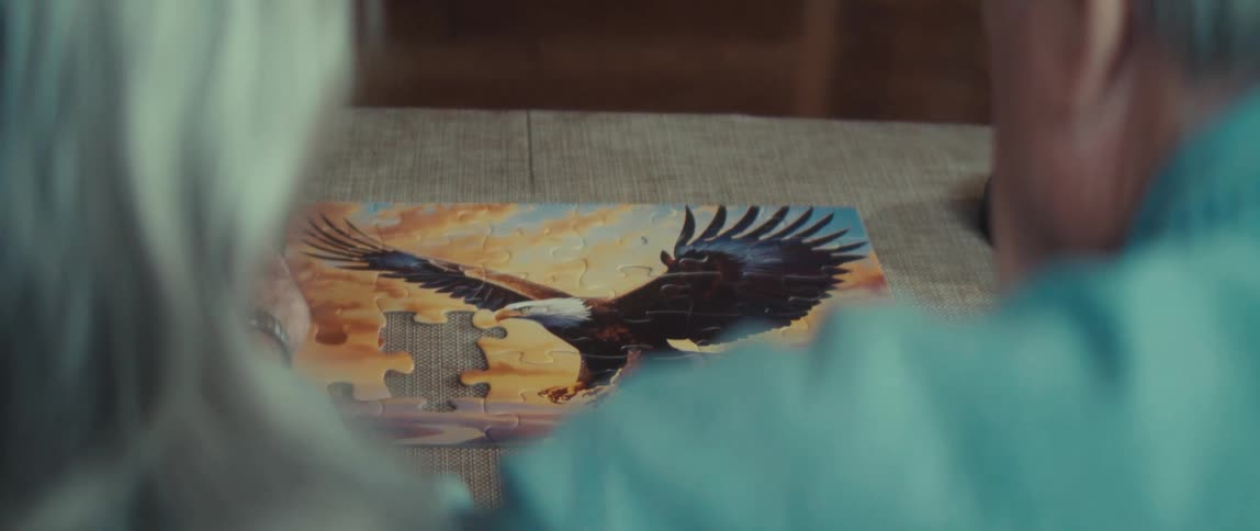 An elderly couple solving a bald eagle puzzle together indoors