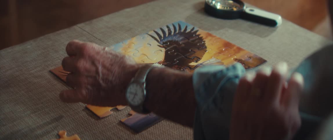 An elderly couple is working together to solve a jigsaw puzzle indoors