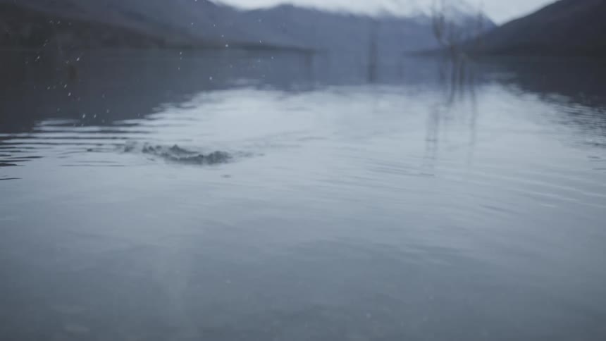 Surface of still gray water surrounded by distant indistinct mountains and sparse vertical lines capturing a sudden disturbance as a fishing bait falls into the water