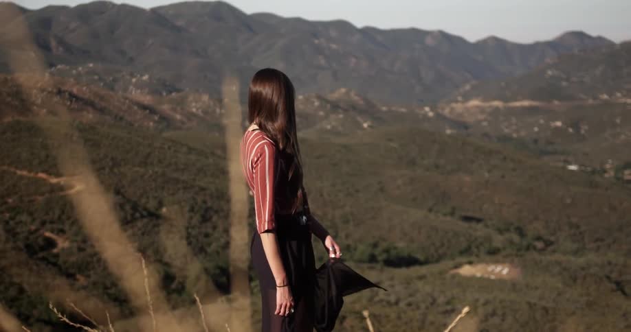 Woman in dress looks across valley