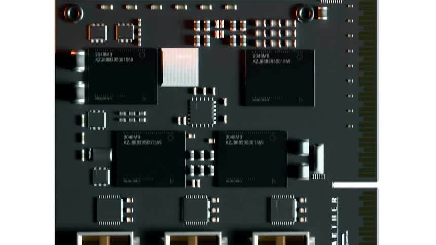 Closeup of microchips and electronic components on a circuit board
