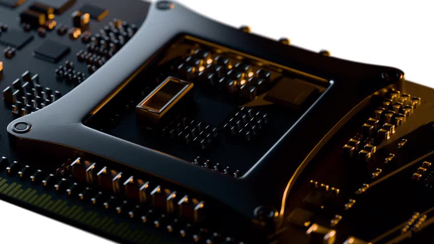 An animation showing electronic components on a slim circuit board as it turns