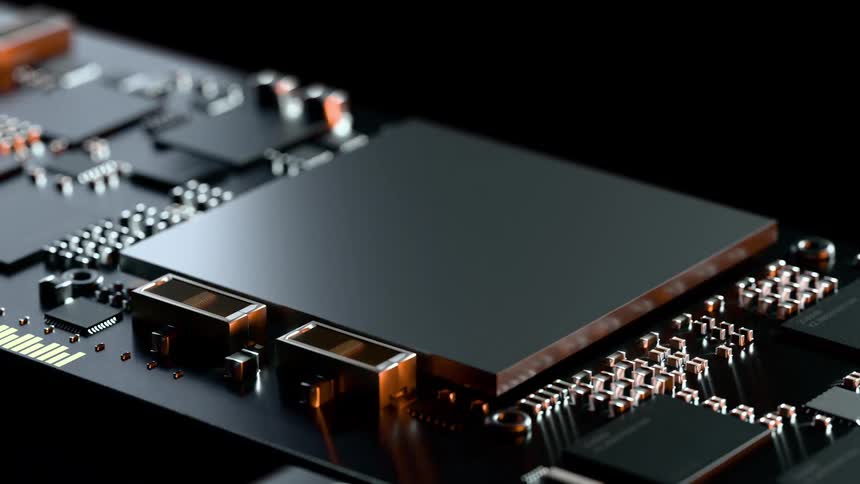 An animation showing electronic components landing on a circuit board and fitting into their instantly forming spaces
