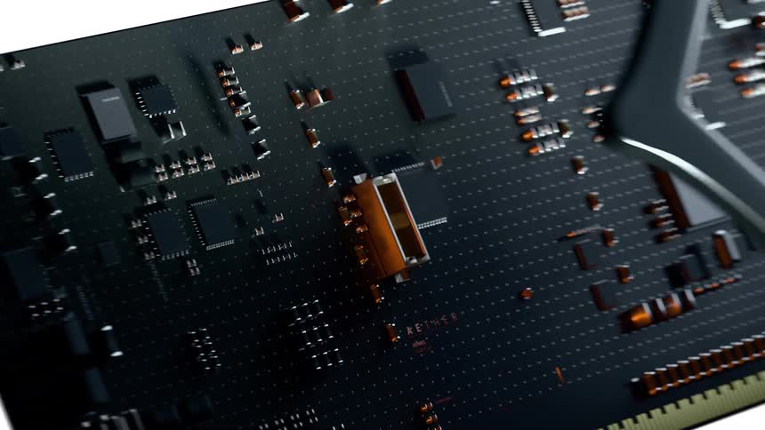 A digital animation shows a dark computer circuit board with gold traces as a gray metal heat sink slowly lowers and snaps into place over a component in a dramatic angled shot