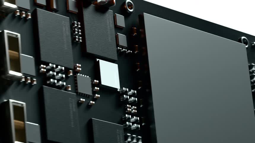 Closeup graphical shot of a microchip with dark components on a circuit board