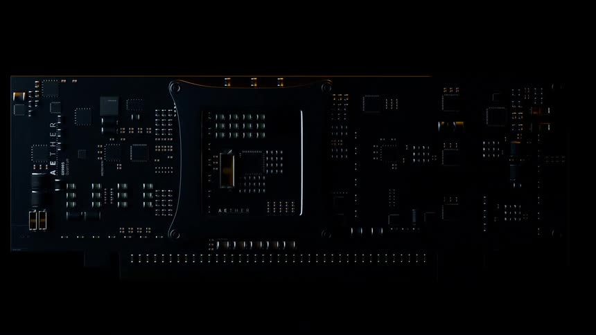 A dark hightech computer chip or circuit board with glowing gold and white electronic components rotates in darkness as a gray heat sink and a white chip cover snap into place
