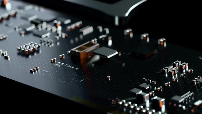 A hightech dark circuit board with gold and white connectors is dramatically revealed as a square metal heat sink lowers and secures itself over the central processor in a digital animation