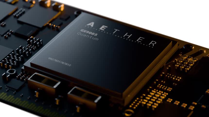 Closeup of a black microchip on a glowing circuit board