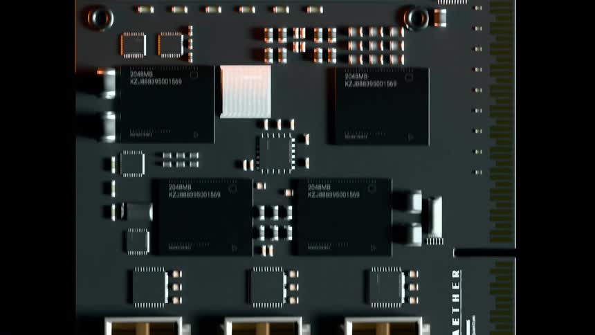 A digital animation shows a complex black circuit board with gold and white components sliding down and assembling itself to reveal the aether branding in a dark clean background