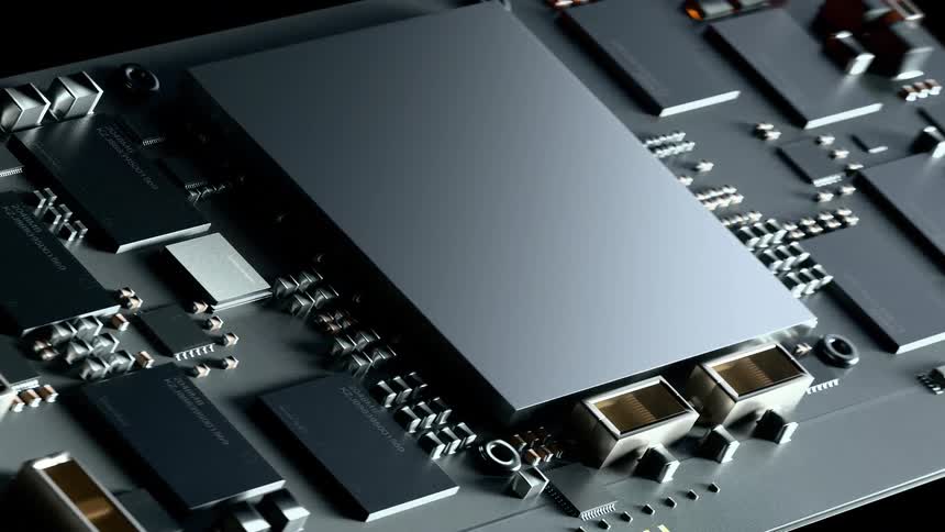 An animation showing electronic components landing on a circuit board and fitting into their instantly forming spaces