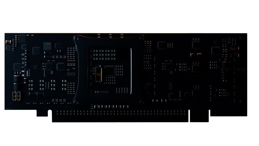A digital animation of a dark computer circuit board with gold components slowly rotates against a pure white background as a silver heat sink and a white chip cover snap into place