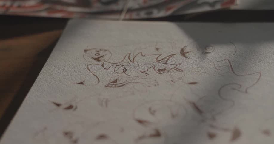 An art sketch rests on a white cardboard placed on the floor indoors