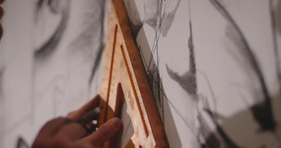 Artist drawing precise lines on a sketch using a wooden set square