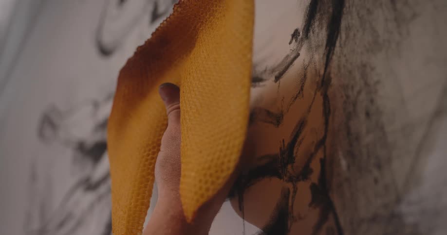 A hand holding a large piece of a bee comb in front of a painting of the vitruvian man