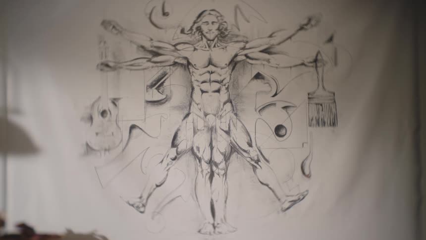 Detailed drawing inspired by the vitruvian man with artistic elements surrounding it