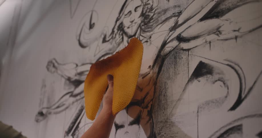 An artist sketches a person on a wall with a black pen
