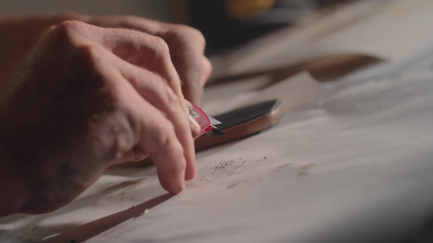 A close view of a persons hands shows them carefully sharpening a pencil with a small knife with the shavings and graphite dust falling onto a white surface