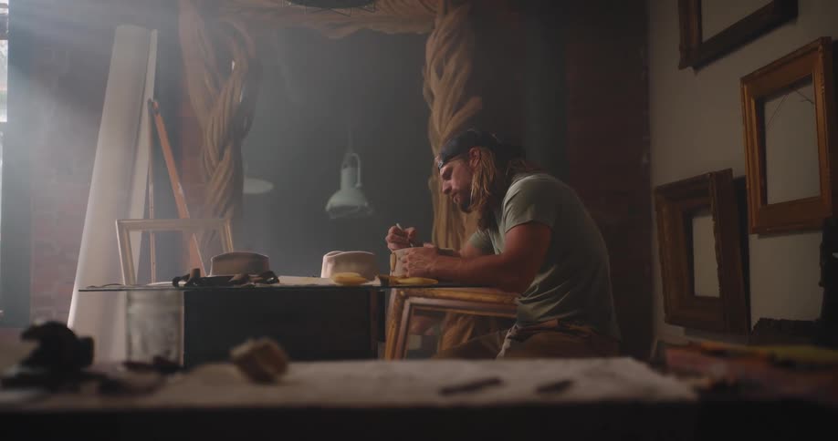 Artist works focused at his table surrounded by frames and tools