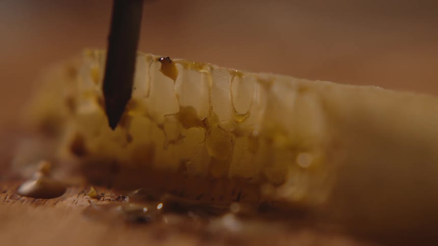 Honeycomb being pierced with honey dripping down the surface