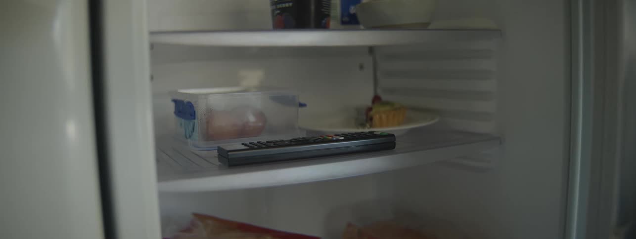 Close up of a refrigerator containing a remote control device with other food items
