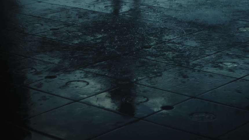 A lone reflection ripples across raindimpled tiles the scene cool and quietly contemplative