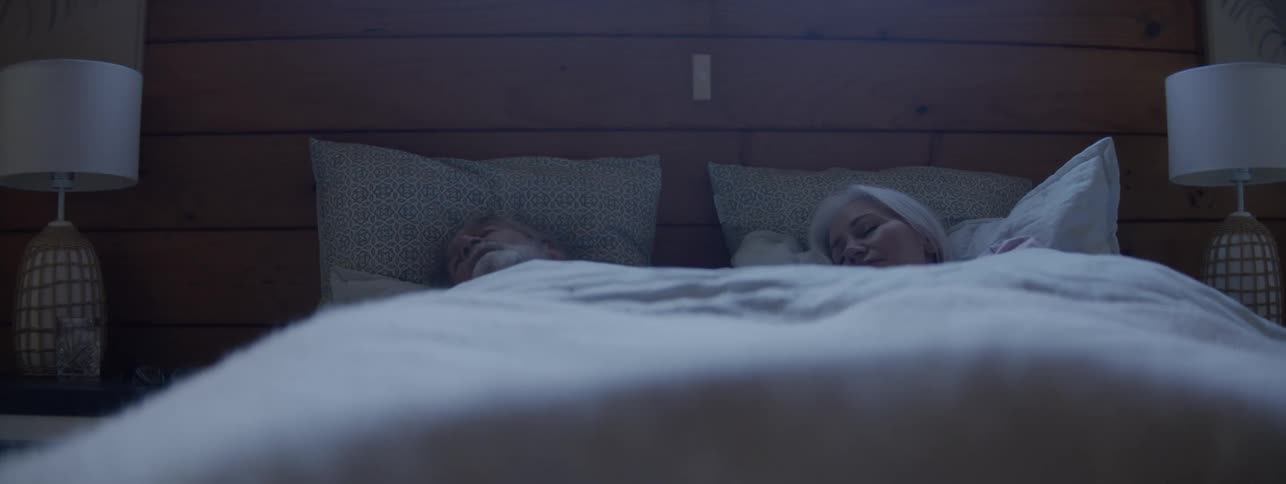 Couple sleeps peacefully in a woodenwalled bedroom during the morning