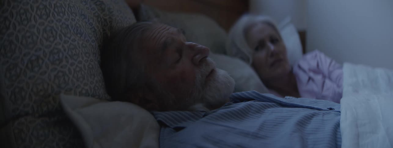 An elderly man and woman are peacefully sleeping side by side in bed resting under soft blankets