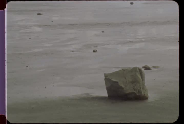 A large rock in the middle of wet sand