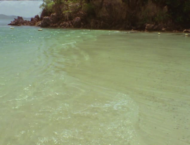 Waves roll a rocky, tree covered hill