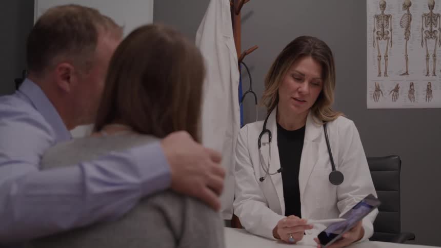 A compassionate female doctor in a white lab coat explains something on a tablet to a concerned couple in her office with a man comforting the woman