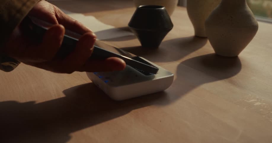 Close up of a person making a payment with their phone through a payment machine on a table